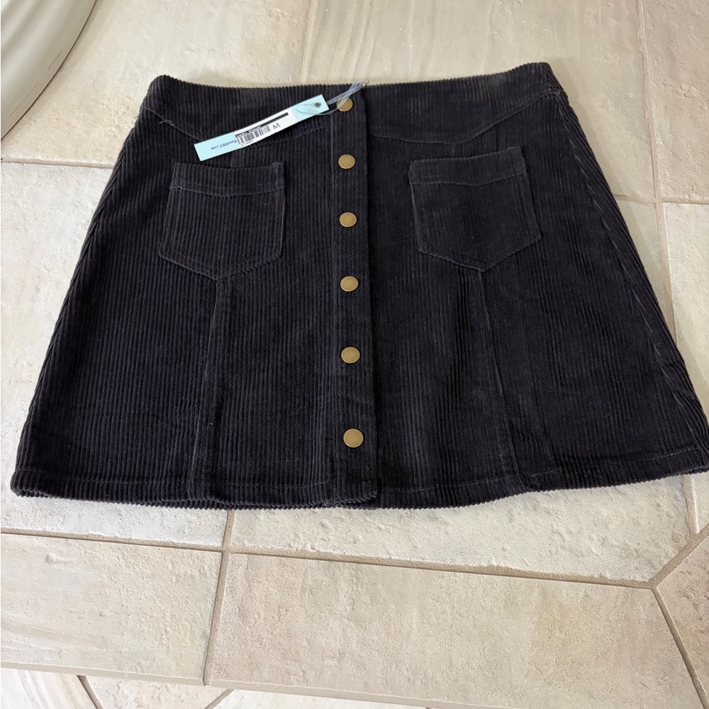 She + Sky Black Corduroy Mini Skirt with Button Detail